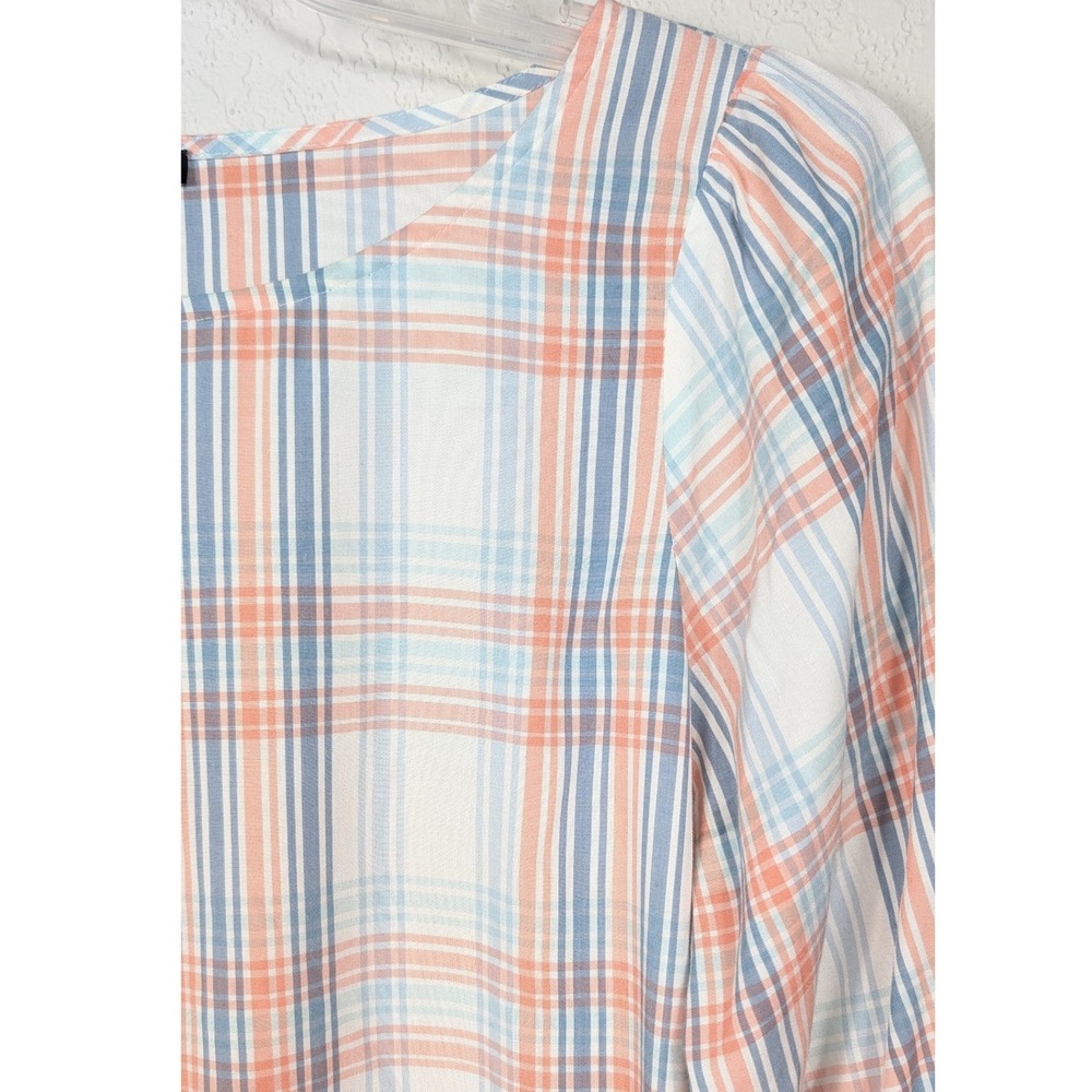 Ann Taylor Blouse Women Medium White Blue Orange Plaid Smocked Long Sleeve - Picture 4 of 8